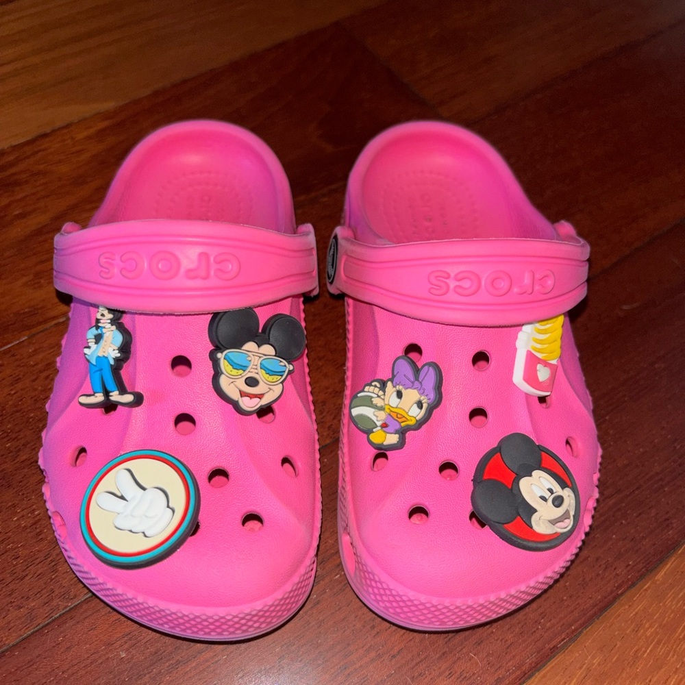 CROCS Kids Pink Slippers with Fun Disney Cartoon Charms